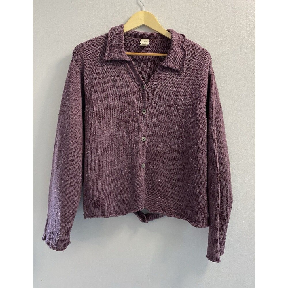 J Jill Silk Wool Cardigan Sweater Womens LP Purple Collared Button Back Tie Knit